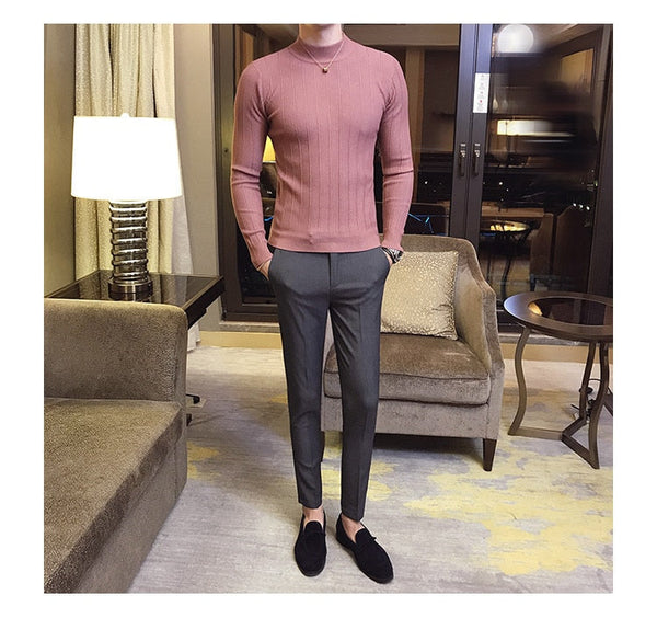 Men's Sweaters Korean Casual Striped Solid Sweater Half High Collar Stretch Tight Sweater Slim Fit  -  GeraldBlack.com