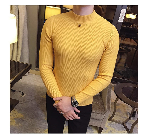 Men's Sweaters Korean Casual Striped Solid Sweater Half High Collar Stretch Tight Sweater Slim Fit  -  GeraldBlack.com