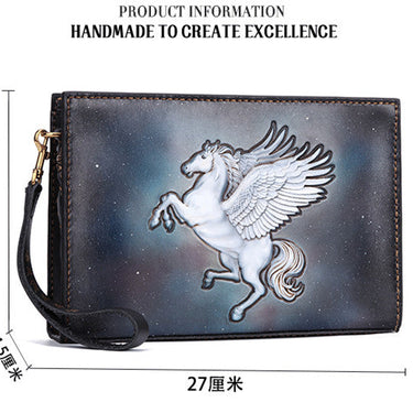 Men's Vegetable Tanned Leather Carvings Unicorn Clutch High-capacity Purse  -  GeraldBlack.com