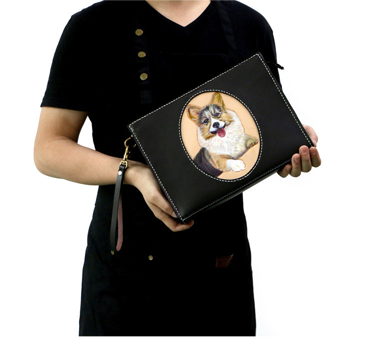 Men's Vegetable Tanned Leather Cowhide Hand-carved Cute Puppies Handbag  -  GeraldBlack.com