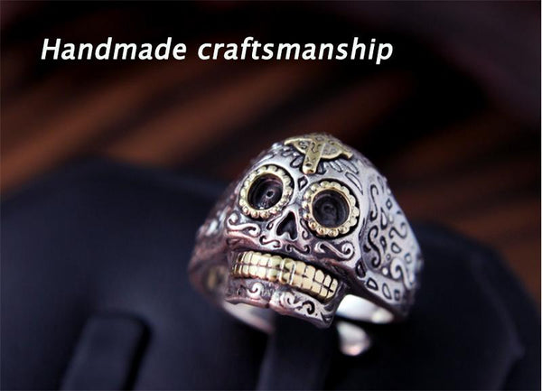 Men’s Vintage 925 Sterling Silver Skull Gothic Punk Gold Color Cross Ring - SolaceConnect.com