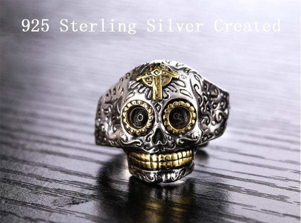 Men’s Vintage 925 Sterling Silver Skull Gothic Punk Gold Color Cross Ring - SolaceConnect.com