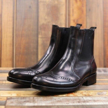 Men's Vintage Black Pointed Toe Carved Genuine Leather Biker Boots - SolaceConnect.com