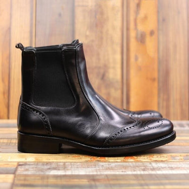 Men's Vintage Black Pointed Toe Carved Genuine Leather Biker Boots - SolaceConnect.com