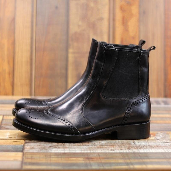 Men's Vintage Black Pointed Toe Carved Genuine Leather Biker Boots  -  GeraldBlack.com