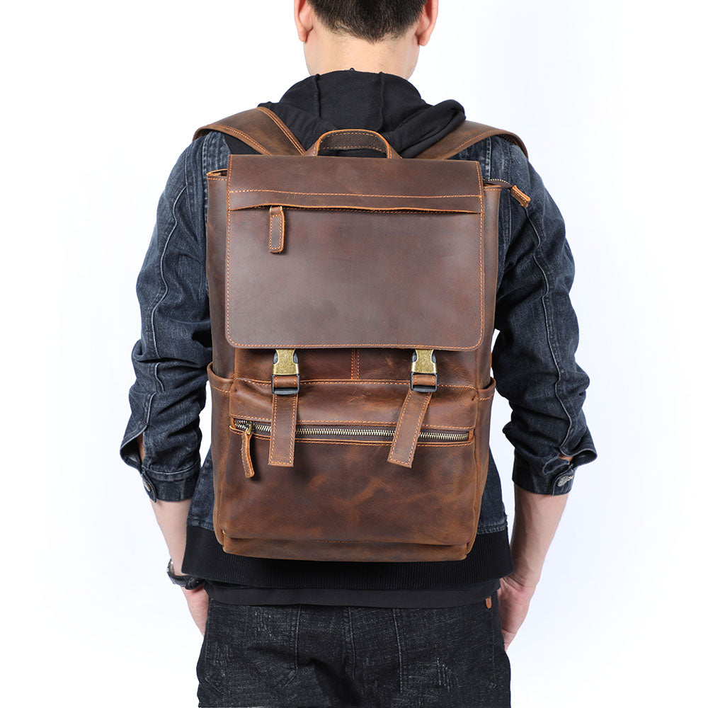 Men's Vintage Genuine Crazy-horse Schoolbag Travel Weekender Backpack  -  GeraldBlack.com