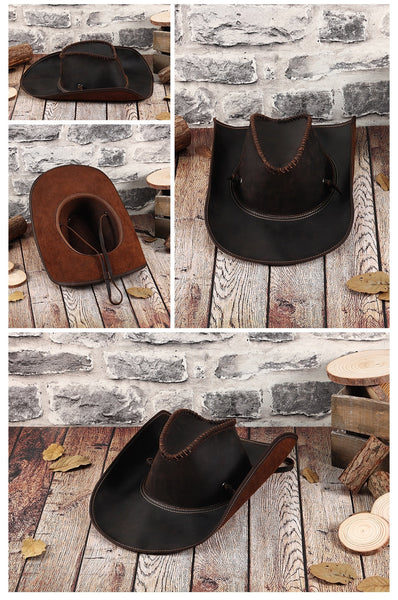Men's Vintage Handcrafted Shapeable Wide Brim Genuine Leather Cowboy Hat  -  GeraldBlack.com