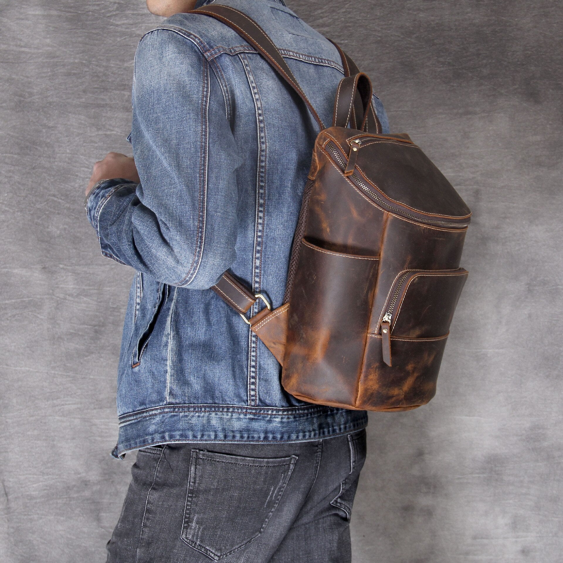 Men's Vintage Handmade Crazy Horse Thick Cowhide Leather Backpack  -  GeraldBlack.com