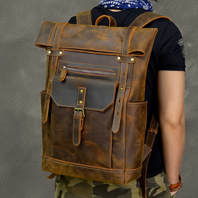 Men's Vintage Handmade Genuine Leather Crazy Horse Daypack Backpack ...