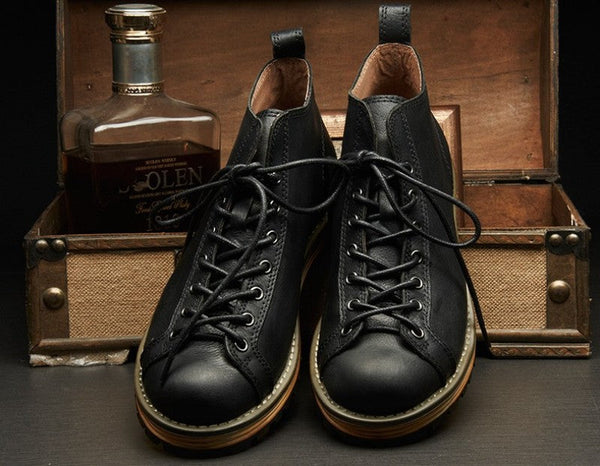 Men's Vintage Handmade Round Toe Genuine Leather Lace Up Ankle Boots  -  GeraldBlack.com