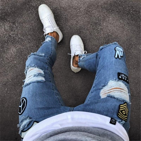 Men's Vintage Ripped Skinny Slim Fit Zipper Denim Destroyed Frayed Jeans - SolaceConnect.com