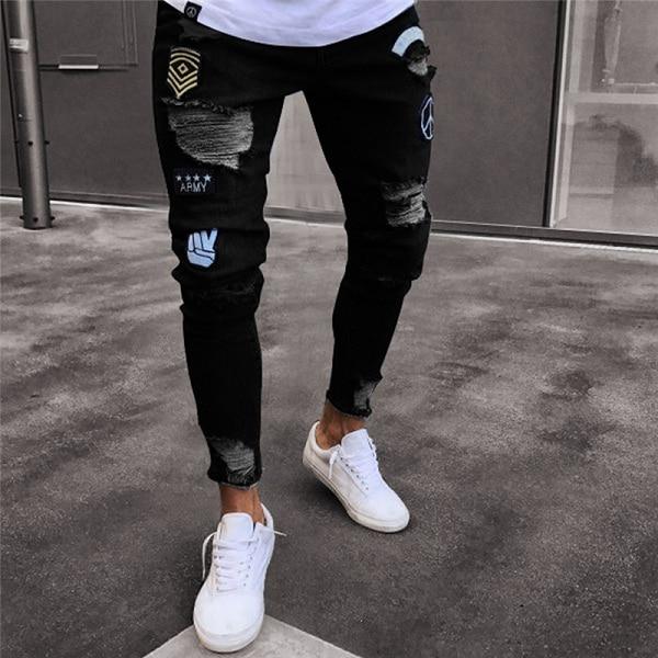 Men's Vintage Ripped Skinny Slim Fit Zipper Denim Destroyed Frayed Jeans - SolaceConnect.com