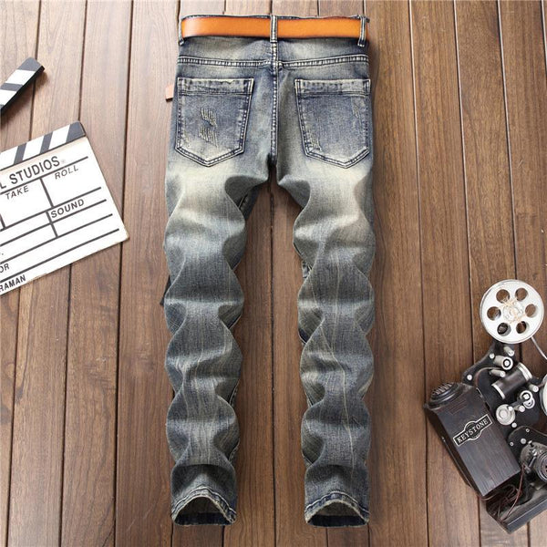 Men's Vintage Ripped Slim Straight Jeans with Letter Embroidery Patchwork  -  GeraldBlack.com