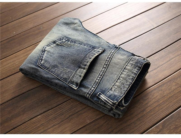 Men's Vintage Ripped Slim Straight Jeans with Letter Embroidery Patchwork - SolaceConnect.com