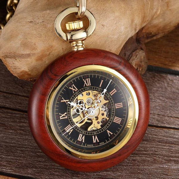 Men's Vintage Roman Numerals Wood Case Mechanical Pocket Fob Chain Watch  -  GeraldBlack.com