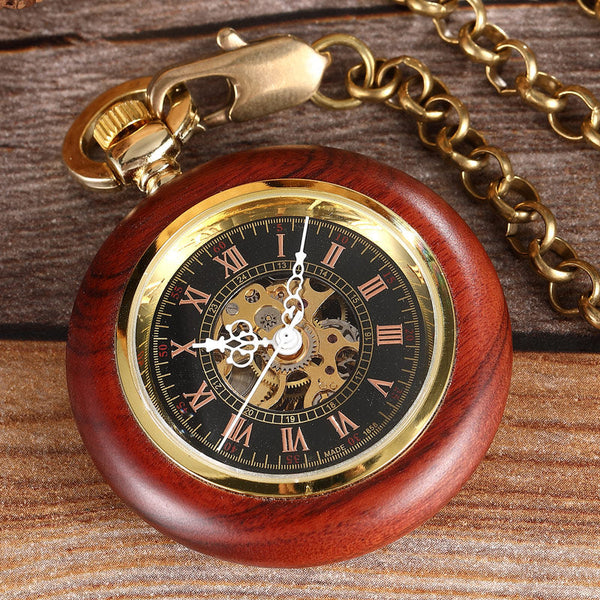 Men's Vintage Roman Numerals Wood Case Mechanical Pocket Fob Chain Watch  -  GeraldBlack.com