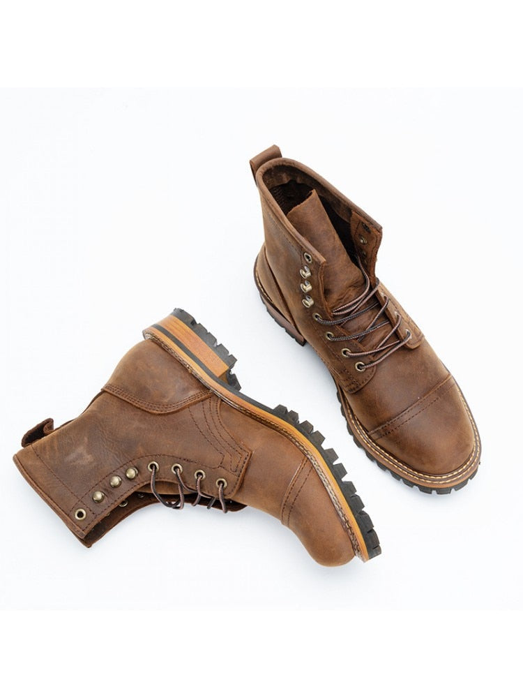 Men's Vintage Round Toe Lace Up Motorcycle Work Safety Ankle Boots  -  GeraldBlack.com
