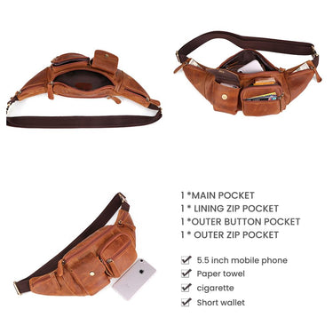 Men's Waist Bags Genuine Leather Multi-function Money Belt Bag Shoulder CrossBody Bags Pouch  -  GeraldBlack.com