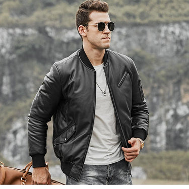 Men's Warm White Duck Down Genuine Lambskin Leather Baseball Jacket - SolaceConnect.com