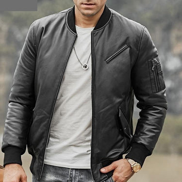 Men's Warm White Duck Down Genuine Lambskin Leather Baseball Jacket - SolaceConnect.com