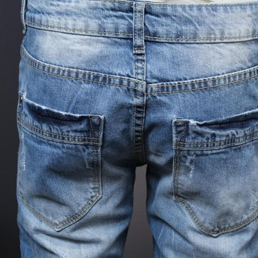 Men's Washed Slim Fit Denim Biker Blue Jeans with Ripped Distressed Holes - SolaceConnect.com