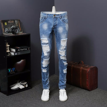 Men's Washed Slim Fit Denim Biker Blue Jeans with Ripped Distressed Holes  -  GeraldBlack.com