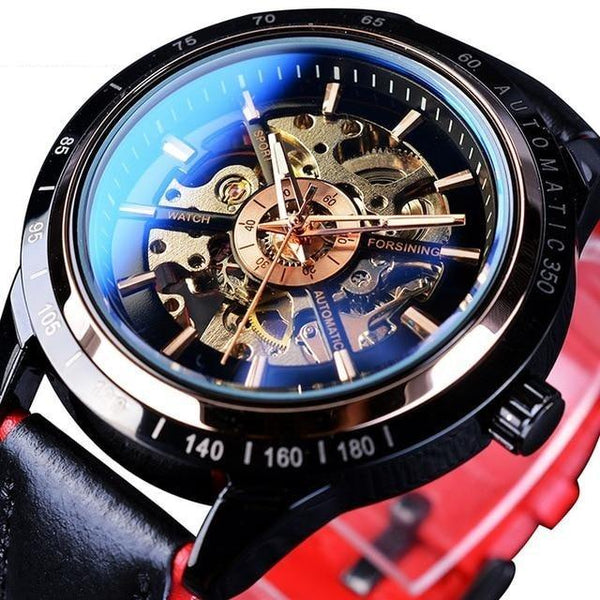 Men's Waterproof Automatic Motorcycle Design Watch with Red Black Belt - SolaceConnect.com