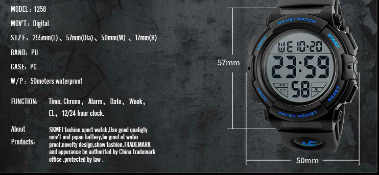 Led Dial Men's Waterproof Digital Big Dial 50M Chronograph LED Clocks Wristwatc ...