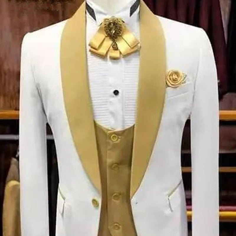 Men's White and Gold Shawl Lapel Wedding Jacket Vest with Pants  -  GeraldBlack.com