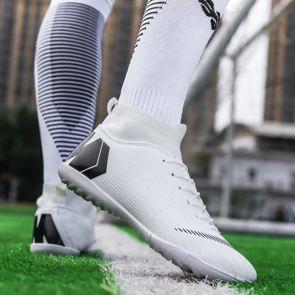 Men's White Black Cleats High Ankle Sports Training Soccer Shoes  -  GeraldBlack.com