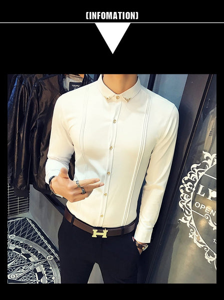Men's White Slim Fit Pleated England Style Long Sleeve Tuxedo Casual Shirt  -  GeraldBlack.com