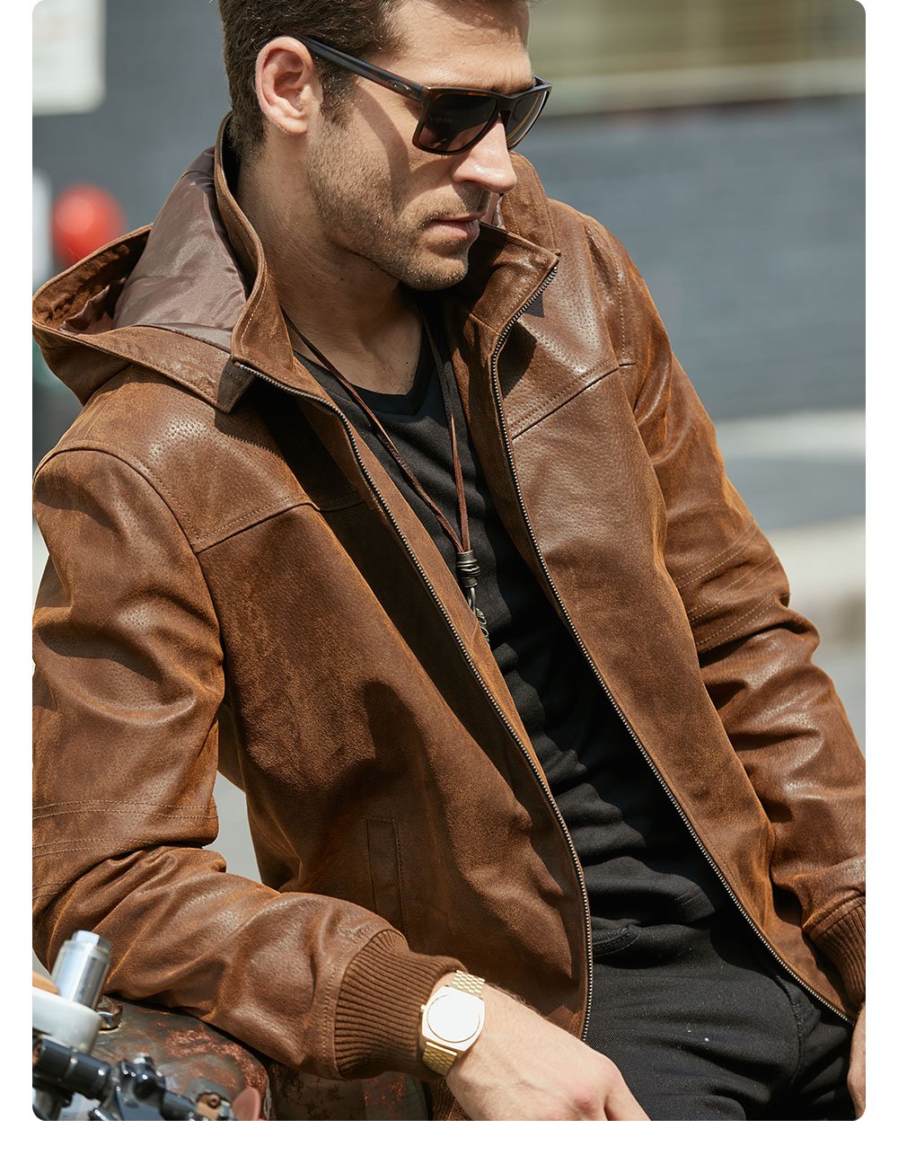 Men's Winter Genuine Pigskin Leather Hooded Motorcycle Jacket - SolaceConnect.com