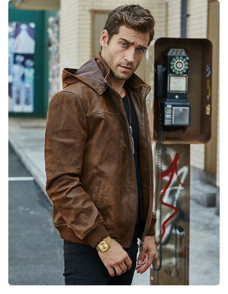 Men's Winter Genuine Pigskin Leather Hooded Motorcycle Jacket - SolaceConnect.com