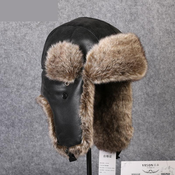 Men's Winter Imitation Fur Leather Bomber Hat with Pom Ear Protection  -  GeraldBlack.com
