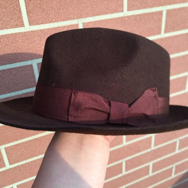 Men’s Wool Fur Felt Gangsters Hipsters Solid Pattern Brown Fedora Hat - SolaceConnect.com