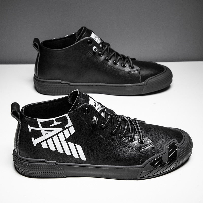 Men Skateboarding Shoes Leather Black Printed High top Sneakers Outdoors Luxury Zapatos Hombre A11  -  GeraldBlack.com