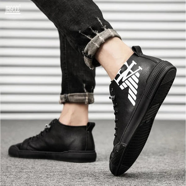 Men Skateboarding Shoes Leather Black Printed High top Sneakers Outdoors Luxury Zapatos Hombre A11  -  GeraldBlack.com