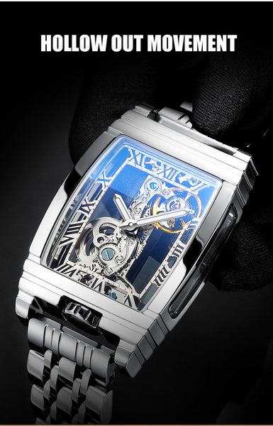 Men Skeleton Automatic Mechanical Watch Simple Hollow Stainless Steel Luminous Hands Watch  -  GeraldBlack.com
