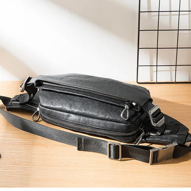 Men Small Soft First Layer Leather Black Crossbody Multi Function Chest Bag  -  GeraldBlack.com