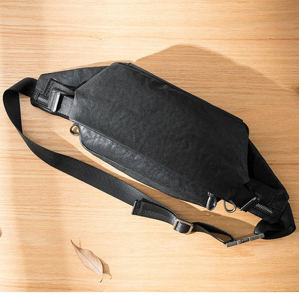 Men Small Soft First Layer Leather Black Crossbody Multi Function Chest Bag  -  GeraldBlack.com
