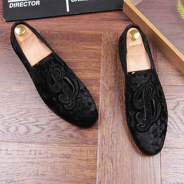 Men Velvet Embroidery Note Party Dress Stage Smoking Flats Loafers  -  GeraldBlack.com