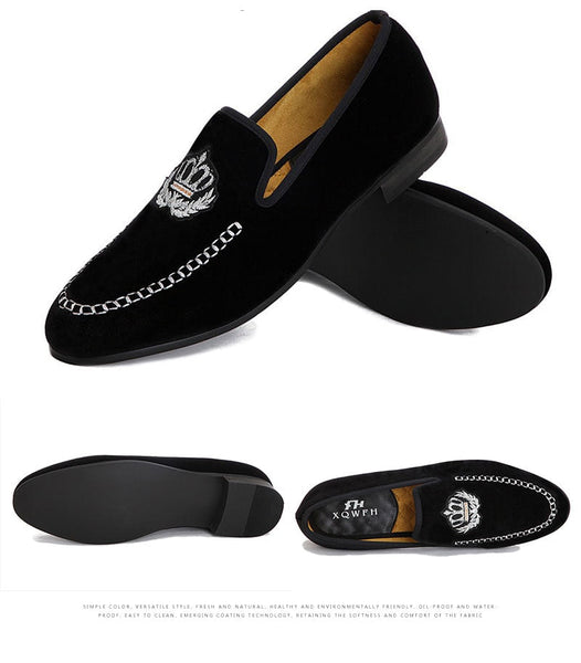 Men Velvet Loafers Big Size Slip-on Shoes Embroidered Black Slippers  -  GeraldBlack.com