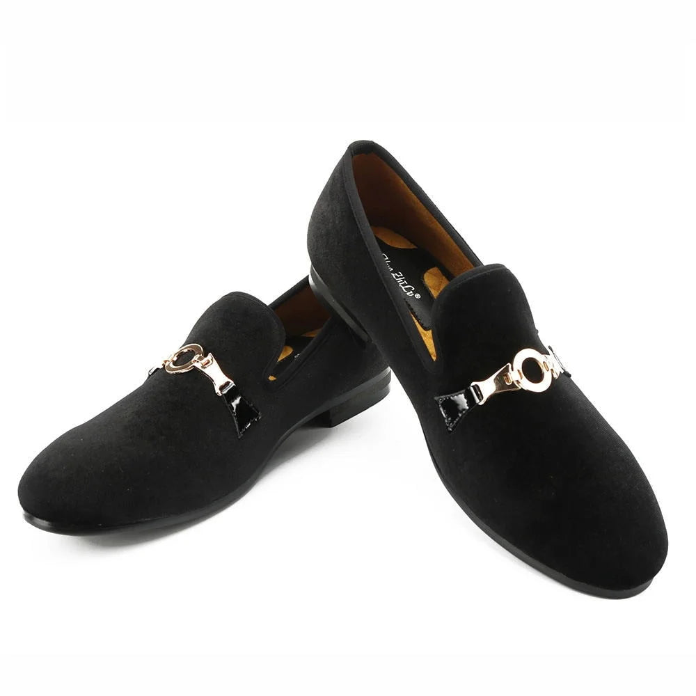 Men Velvet Party Slip On Wedding European and American Style Gold Buckle Loafers Shoes  -  GeraldBlack.com