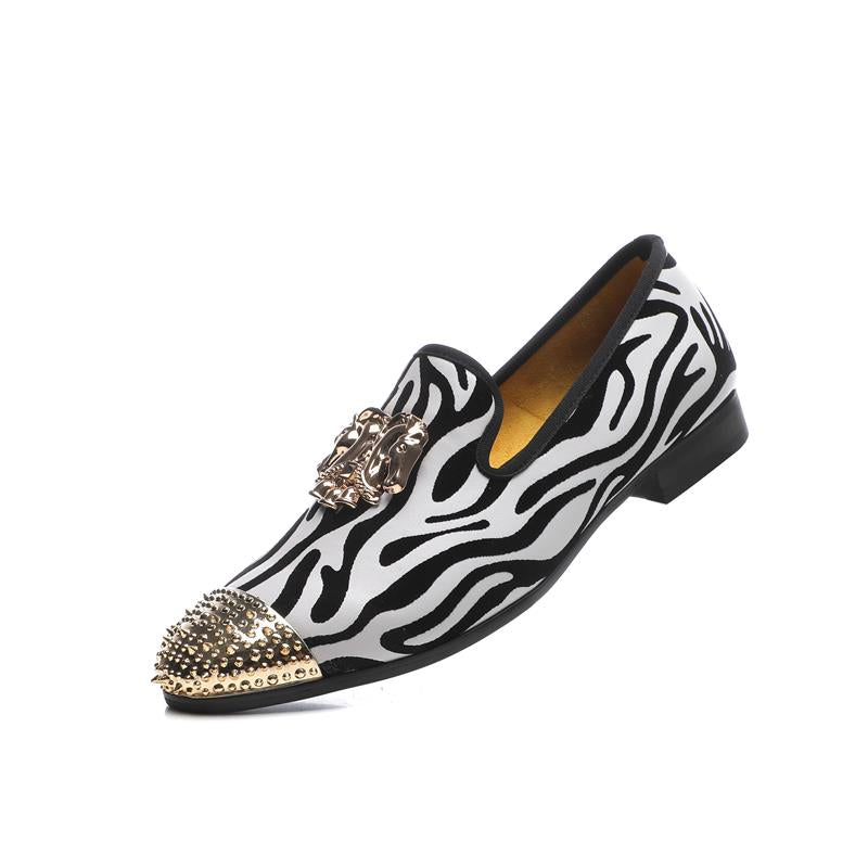 Men Wedding Shoes Gold Horse Buckle And Zebra Print Leather Loafers Fashionable Nightclub Party Shoes  -  GeraldBlack.com