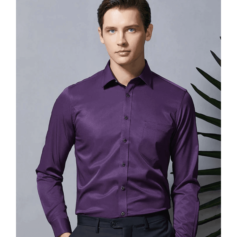Mens Classic Standard-fit Non Iron Stretch Social Shirt Single Patch Pocket Long Sleeve Formal Business Solid Basic Dress Shirts  -  GeraldBlack.com