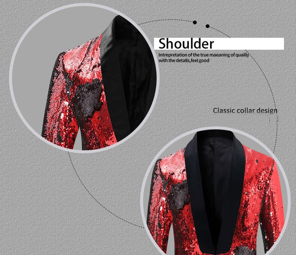 Mens Red Embellished Sequin Blazer Glittle Long Mens Blazer Suit Jacket Shawl Collar Stage Party Singer DJ Club Costume  -  GeraldBlack.com