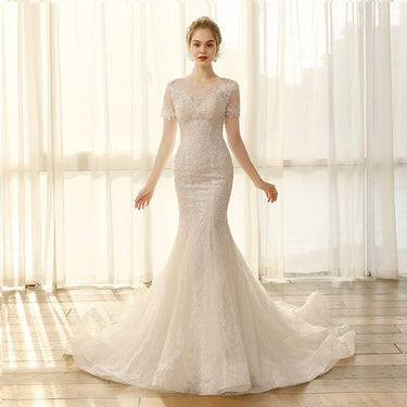 Mermaid Style Short Sleeve Appliques Lace Wedding Dress with Court Train - SolaceConnect.com