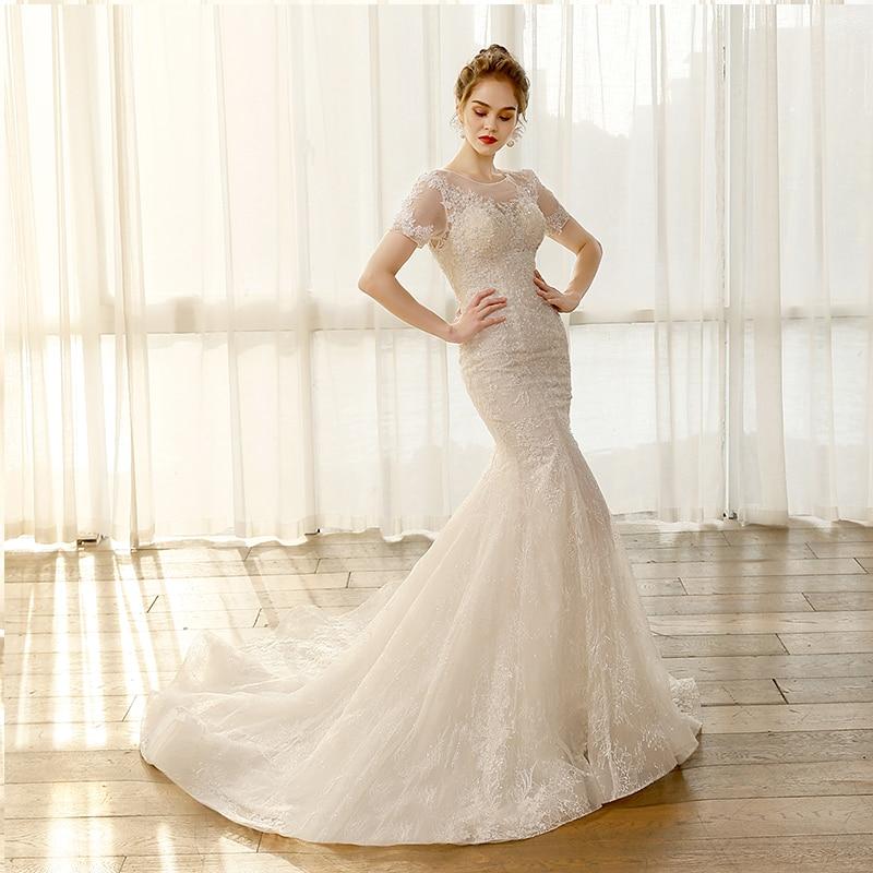 Mermaid Style Short Sleeve Appliques Lace Wedding Dress with Court Train  -  GeraldBlack.com