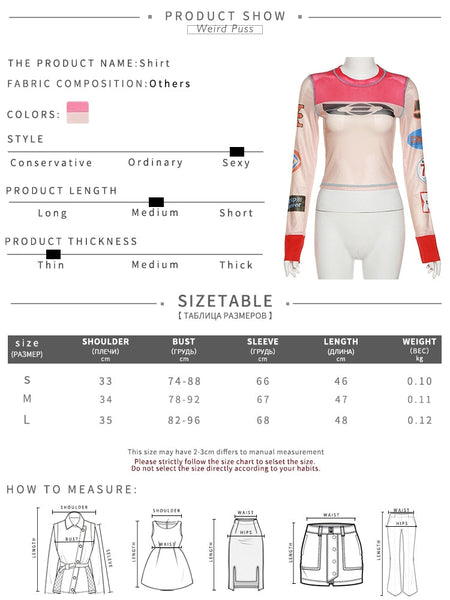 Mesh Graphics Crop Tops Women Hipster Print Skinny O Neck Streetwear Wild Autumn Elastic See Through Tees  -  GeraldBlack.com