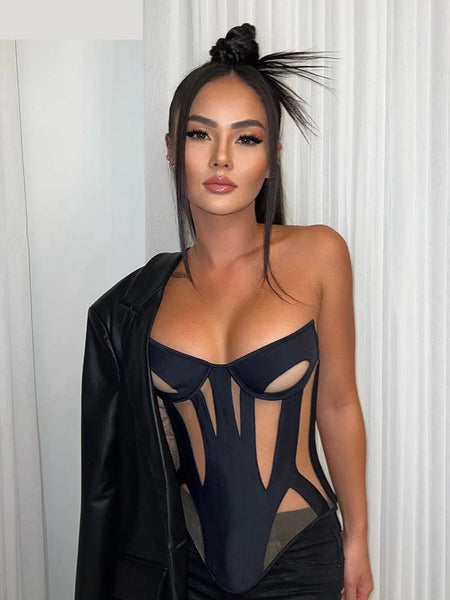 Mesh Patchwork Corset Tops Women Sexy See Through Summer Trend Party Clubwear Wild Wrapped Strapless Skinny Vest  -  GeraldBlack.com